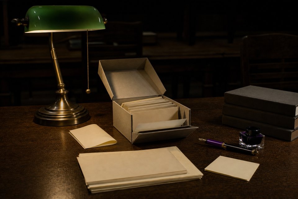 AI-generiertes Stillleben: ein Lesesaal mit langem Eichentisch, grüner Leselampe, einer offenen Archivbox und gestapelten leinengebundenen Bänden