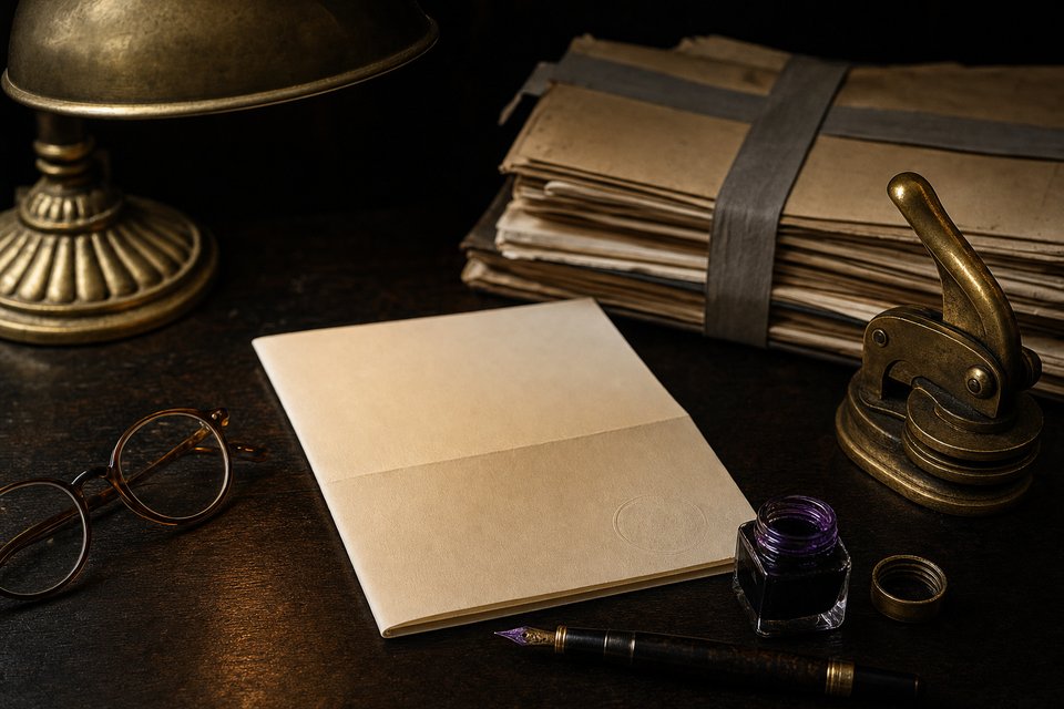 AI-generiertes Stillleben: ein gefaltetes Blatt schweres Papier, eine Prägezange aus Messing, ein Füllfederhalter mit violetter Tinte und ein mit grauem Archivband gebündelter Aktenstapel auf einem dunklen Schreibtisch