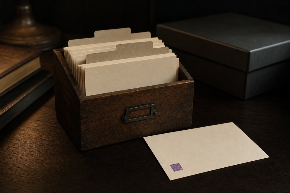 AI-generiertes Stillleben: ein hölzerner Karteikasten mit Trennblättern und aufgestellten Karten, eine Karte mit violettem Stempelabdruck davor
