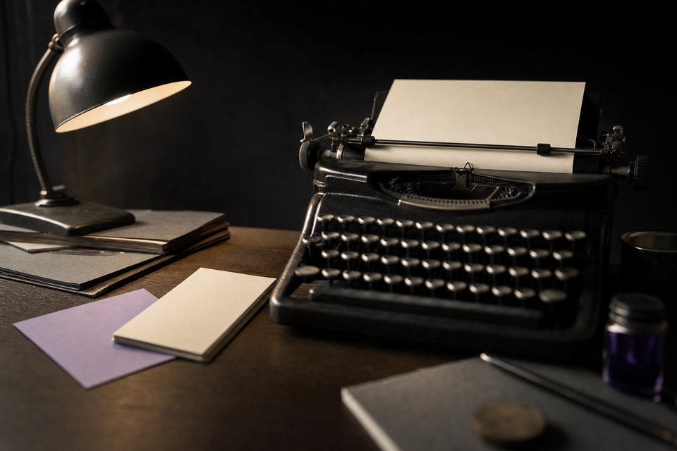 AI-generiertes Stillleben: eine schwarze Schreibmaschine der 1950er Jahre mit eingespanntem Blatt, daneben ein Stapel getippter Seiten mit einem violetten Durchschlag