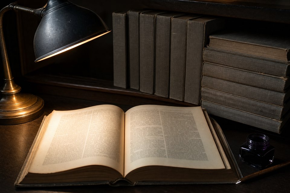AI-generiertes Stillleben: gebundene Zeitschriftenjahrgänge mit schlichten Leinenrücken, ein Band aufgeschlagen auf dem Tisch